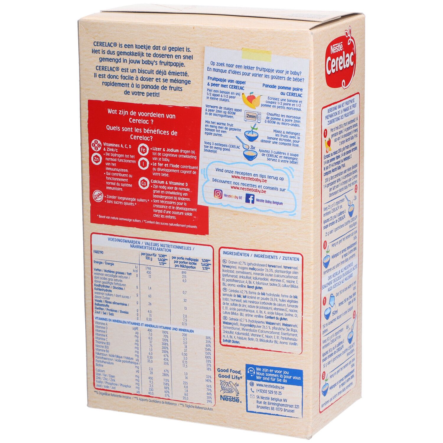 Nestlé Cerelac® biscuité pour panades de fruits. Verso de l'emballage avec mode d'emploi et autres informations.