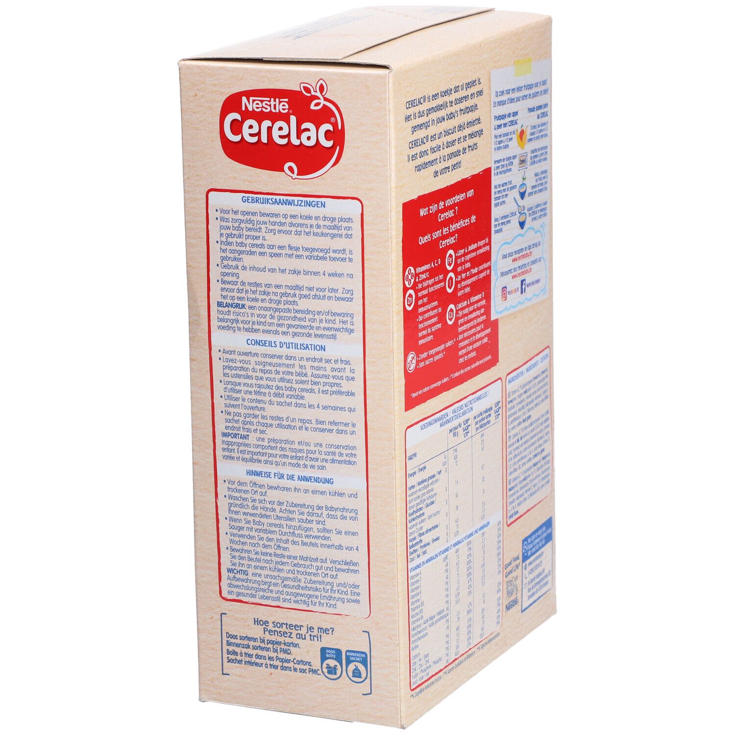 Nestlé Cerelac® biscuité pour panades de fruits. Verso de l'emballage avec informations nutritionnelles et instructions de préparation.
