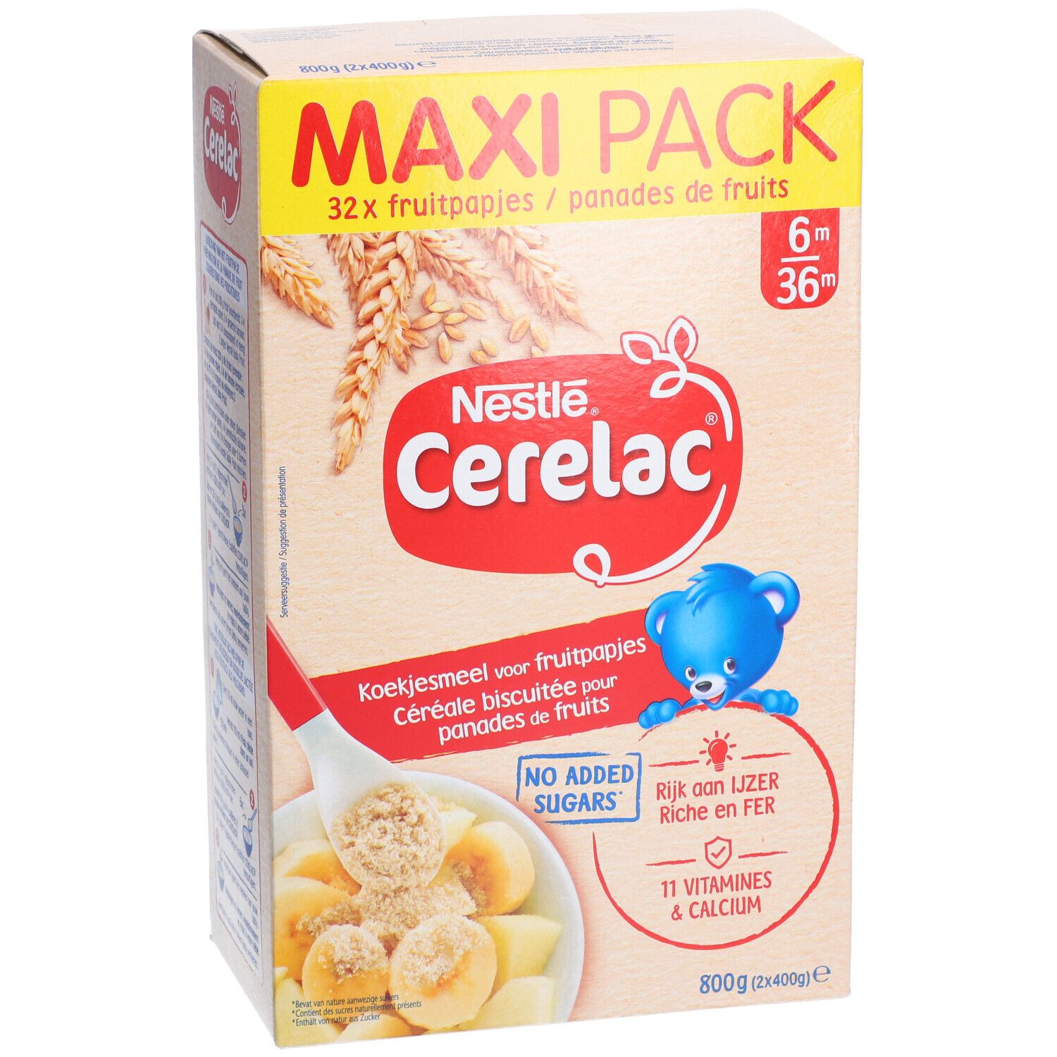 Nestlé Cerelac® biscuité pour panades de fruits. Maxi Pack. Boîte de 800g. Contient 11 vitamines et calcium. Sans sucres ajoutés.