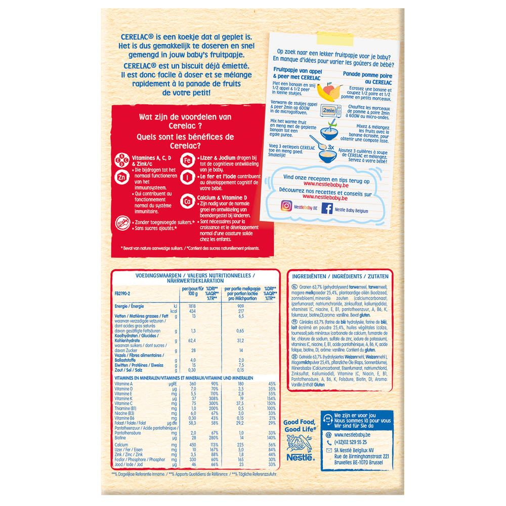 Nestlé Cerelac® biscuité pour panades de fruits. Verso de l'emballage avec instructions de préparation et informations nutritionnelles.