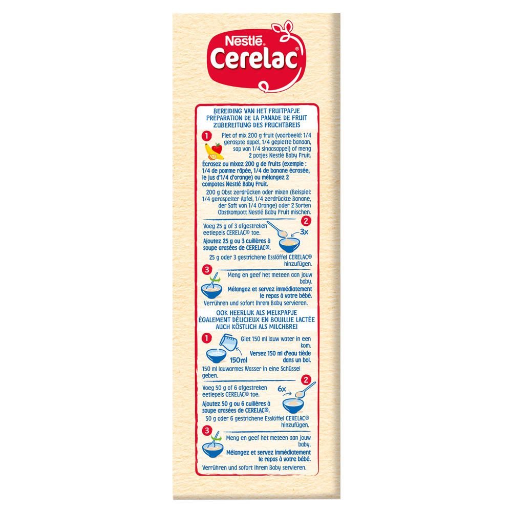 Nestlé Cerelac® biscuité pour panades de fruits. Verso de l'emballage avec mode d'emploi et autres informations.