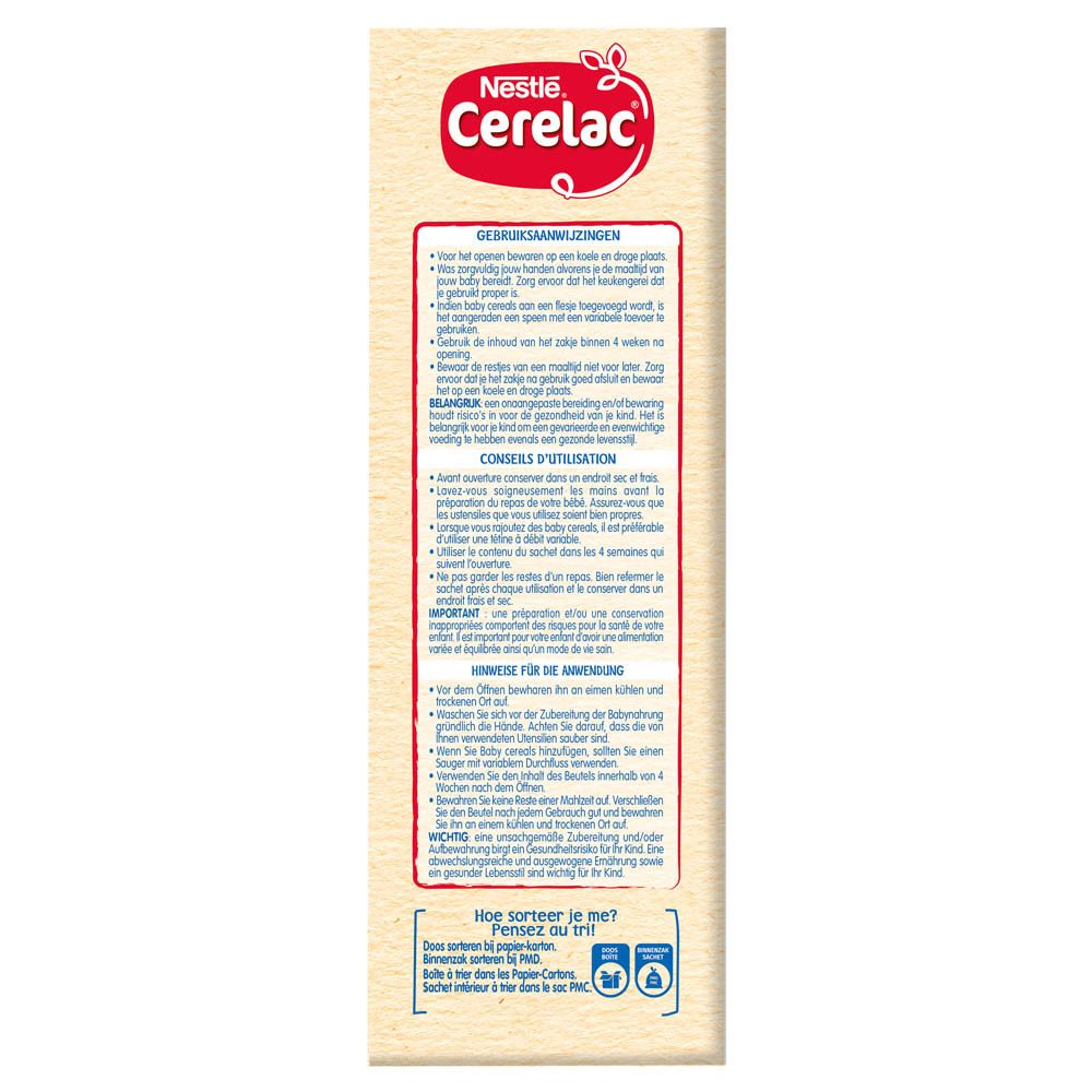 Nestlé Cerelac® biscuité pour panades de fruits. Verso de l'emballage avec informations nutritionnelles et instructions de préparation.