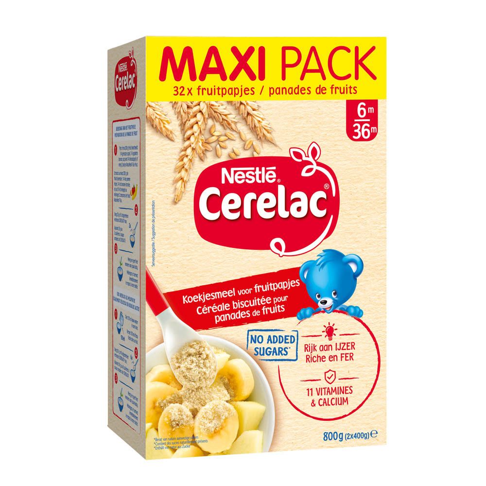 Nestlé Cerelac® biscuité pour panades de fruits. Maxi Pack. Boîte de 800g. Contient 11 vitamines et calcium. Sans sucres ajoutés.