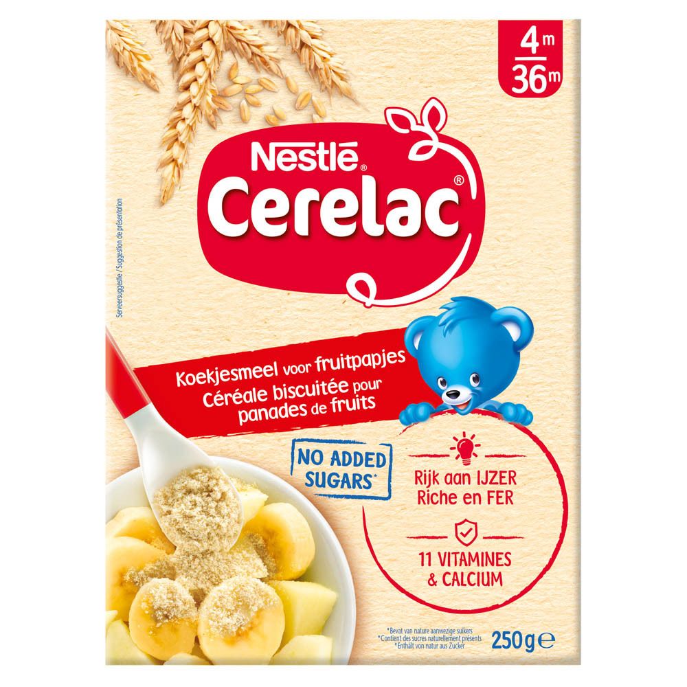 Boîte Nestlé Cerelac. Contient des flocons pour purées de fruits. Fer, vitamines et calcium. 250g.