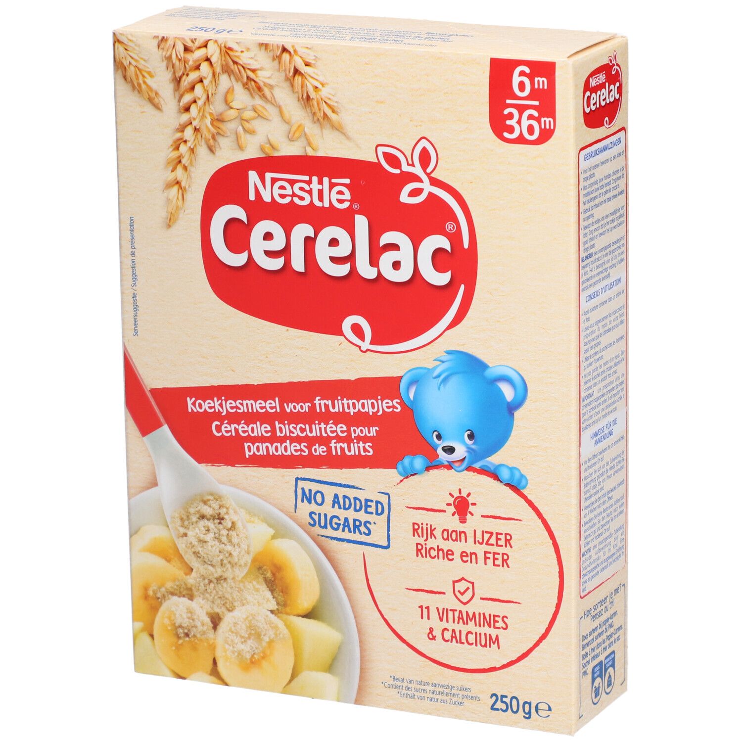 Boîte Nestlé Cerelac. Contient des flocons pour purées de fruits. Fer, vitamines et calcium. 250g.