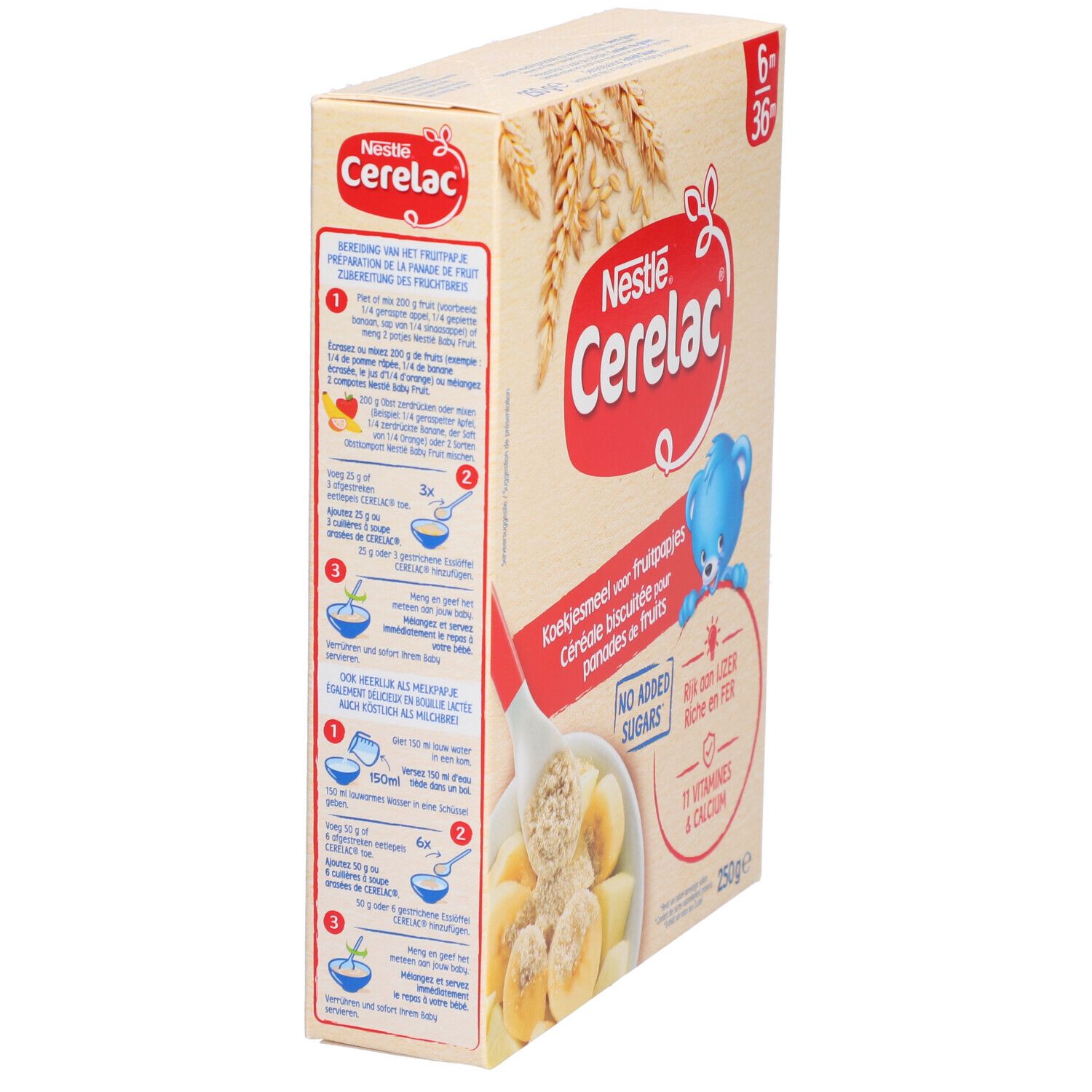 Vue latérale de la boîte Nestlé Cerelac. Flocons pour purées de fruits. Fer, vitamines et calcium. 250g.