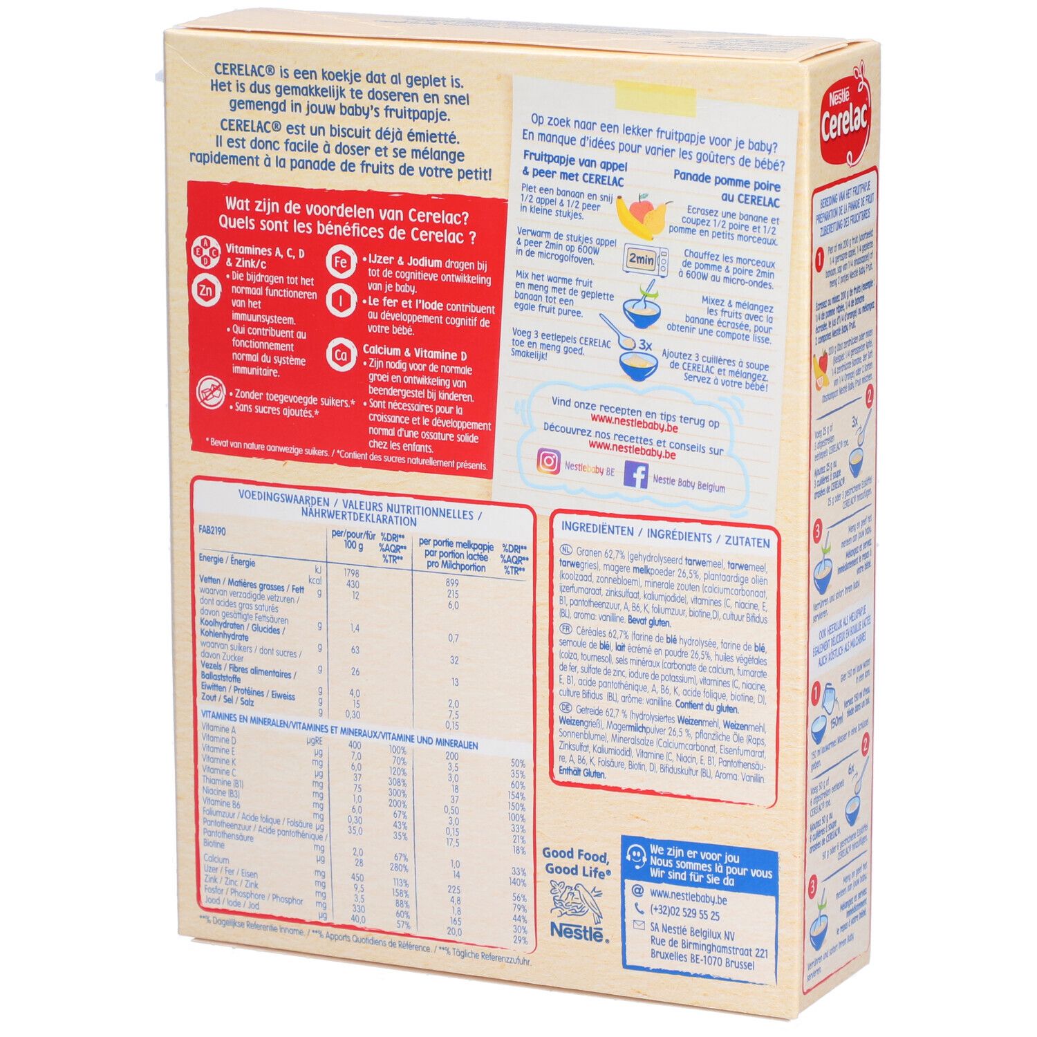 Dos de la boîte Nestlé Cerelac. Informations nutritionnelles, ingrédients et instructions de préparation.