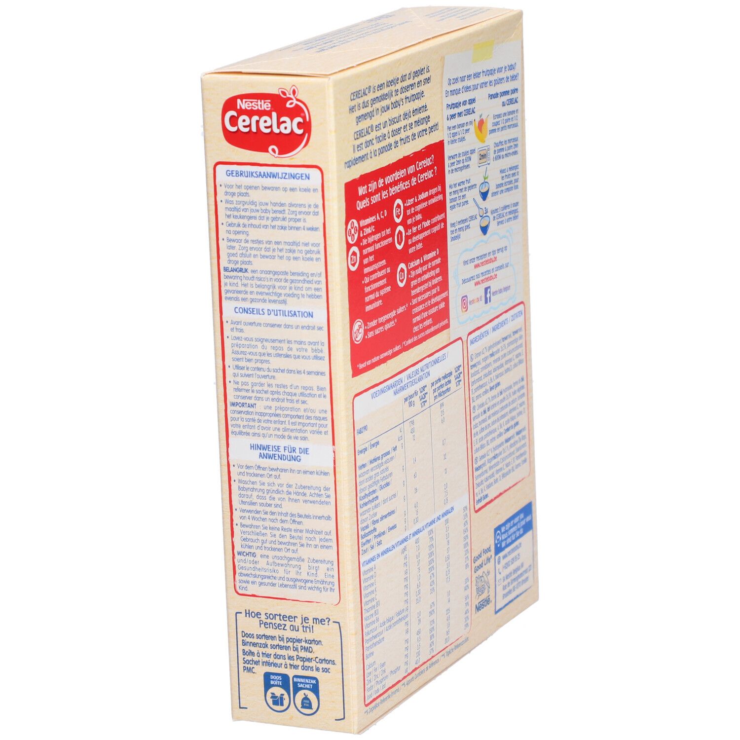 Côté de la boîte Nestlé Cerelac. Instructions de préparation et conseils d'utilisation.