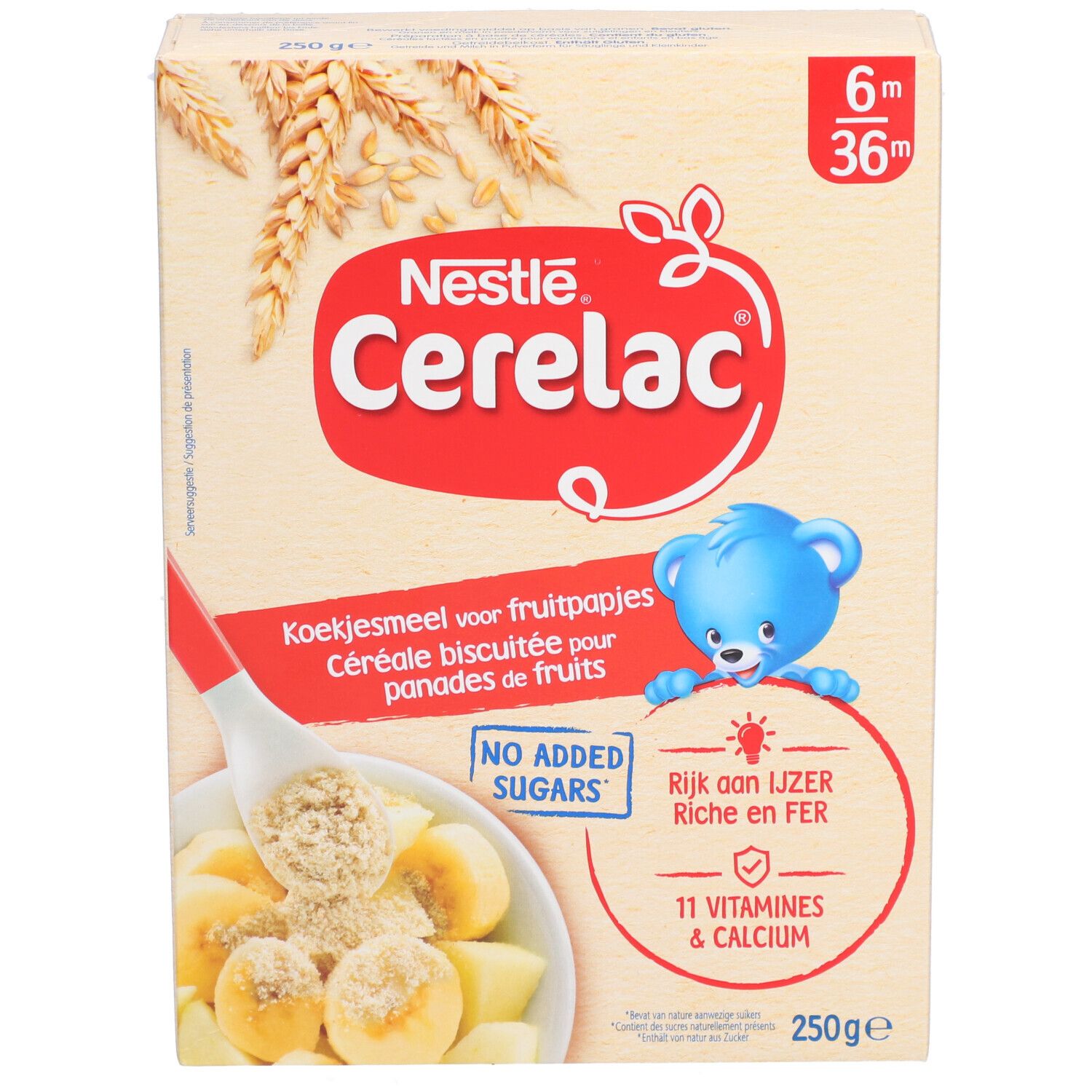 Boîte Nestlé Cerelac. Contient des flocons pour purées de fruits. Fer, vitamines et calcium. 250g.