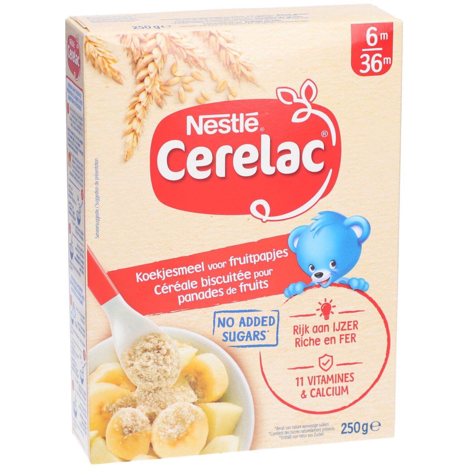 Boîte Nestlé Cerelac. Contient des flocons pour purées de fruits. Fer, vitamines et calcium. 250g.