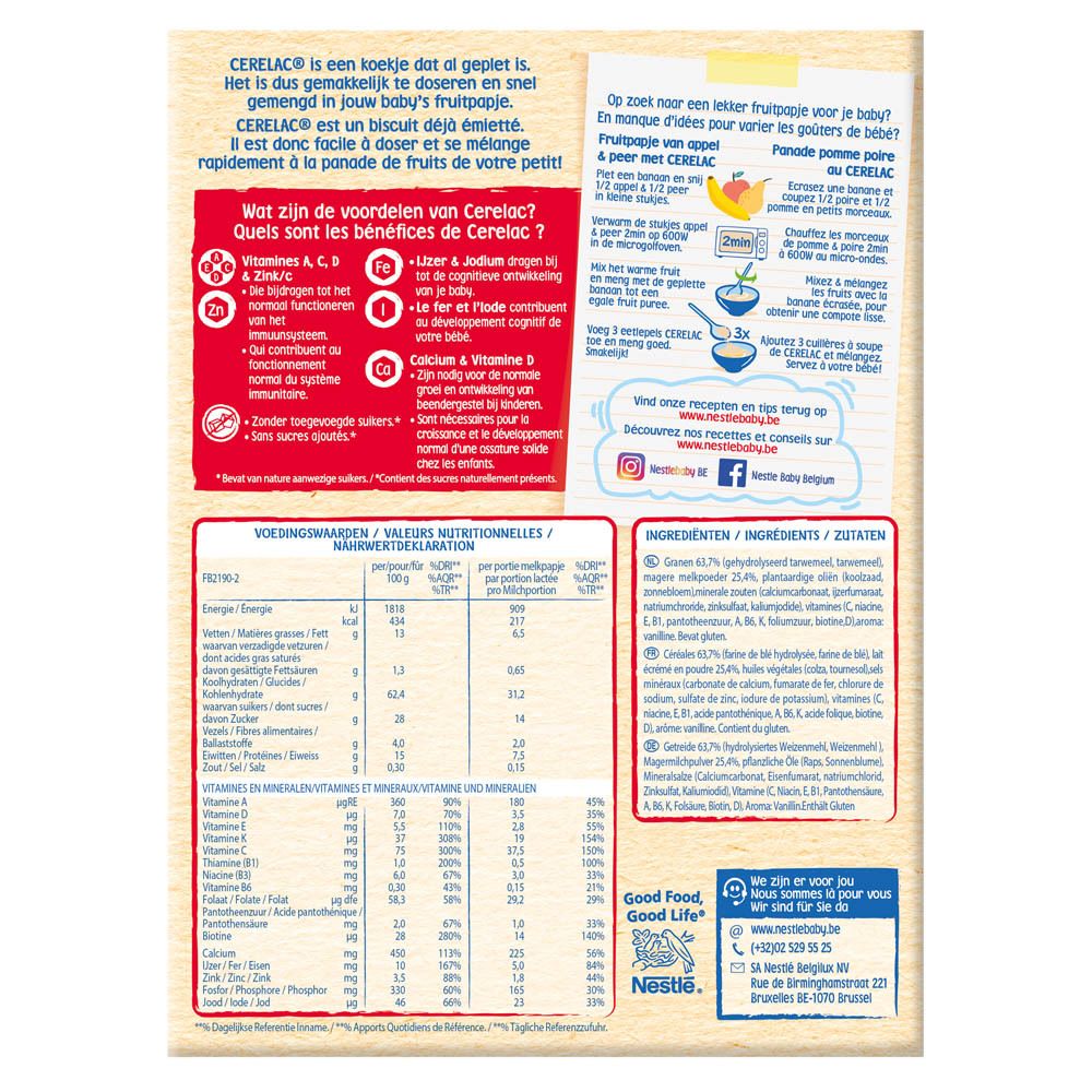 Dos de la boîte Nestlé Cerelac. Informations nutritionnelles, ingrédients et instructions de préparation.