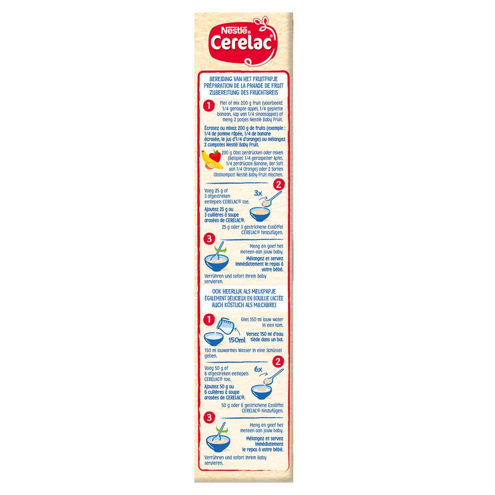 Côté de la boîte Nestlé Cerelac. Instructions de préparation et conseils d'utilisation.