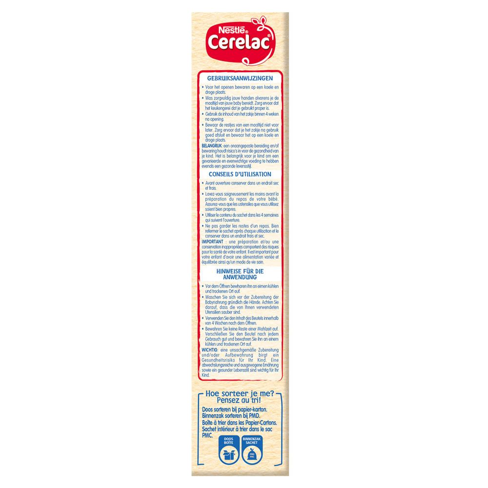 Côté de la boîte Nestlé Cerelac. Instructions de préparation et conseils d'utilisation.