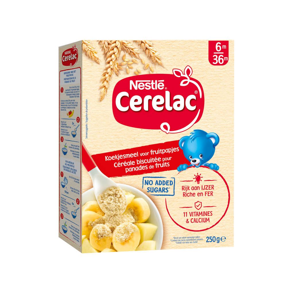 Boîte Nestlé Cerelac. Contient des flocons pour purées de fruits. Fer, vitamines et calcium. 250g.