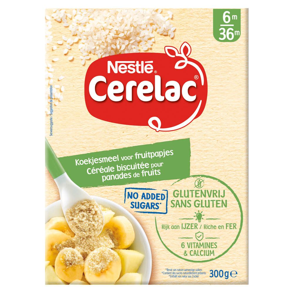 Boîte Nestlé Cerelac. Inscriptions : 6m/36m, sans gluten, sans sucres ajoutés, 6 vitamines et calcium.