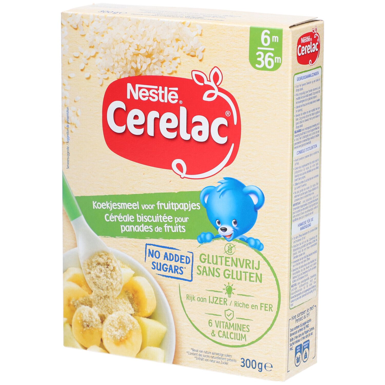 Boîte Nestlé Cerelac. Inscriptions : 6m/36m, sans gluten, sans sucres ajoutés, 6 vitamines et calcium.