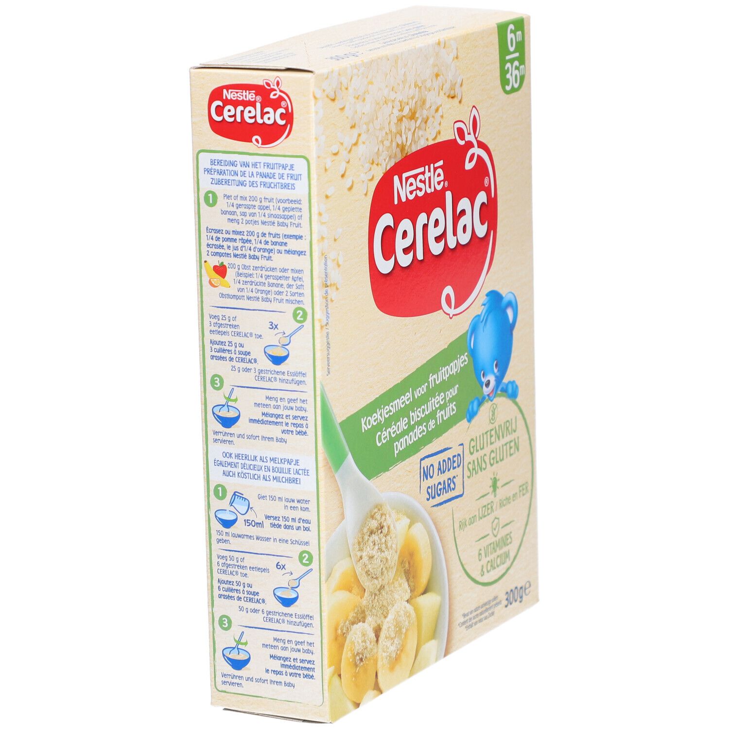 Dos de la boîte Nestlé Cerelac. Informations sur la préparation, la valeur nutritionnelle et les ingrédients.