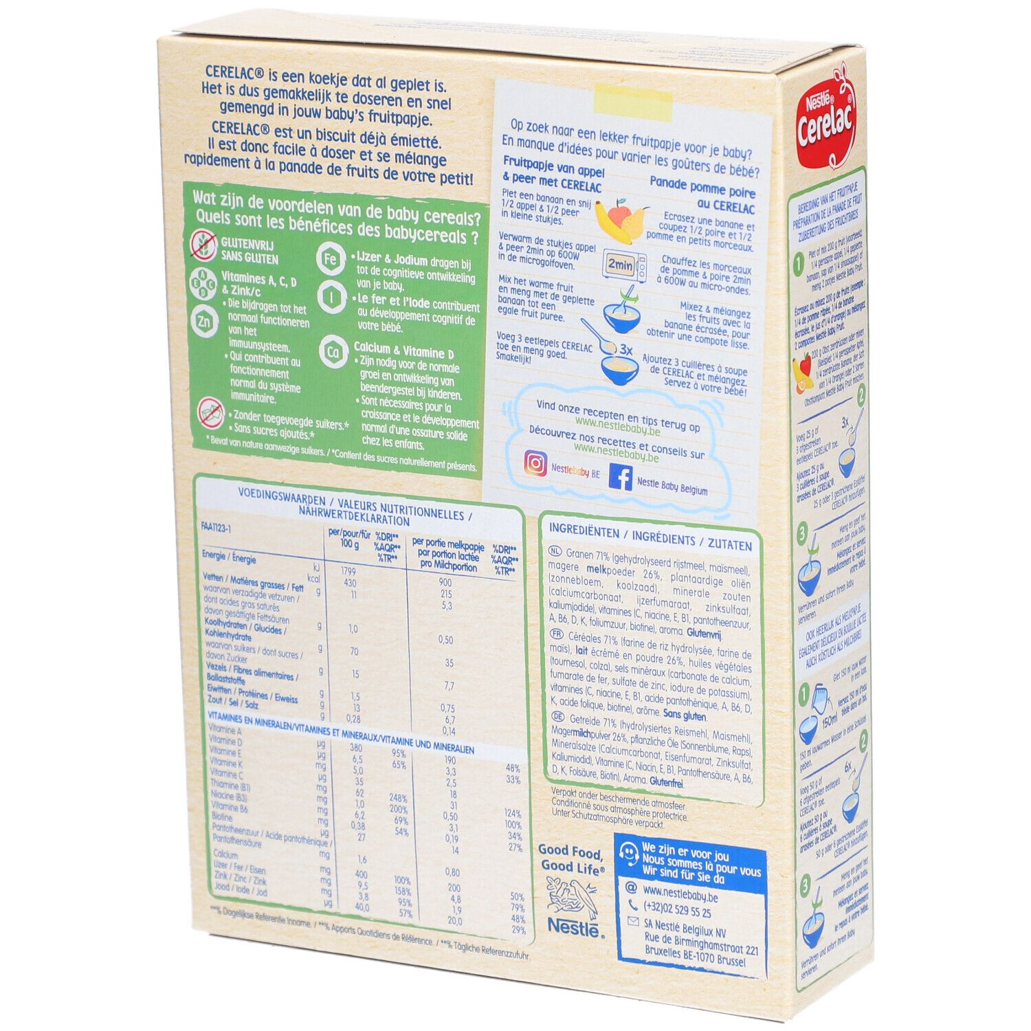 Côté de la boîte Nestlé Cerelac avec instructions de préparation et illustrations.