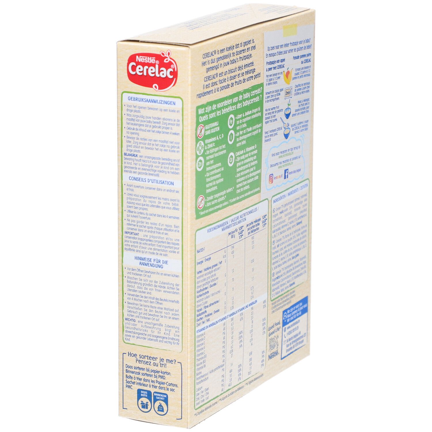 Côté de la boîte Nestlé Cerelac avec instructions d'utilisation et conseils de recyclage.
