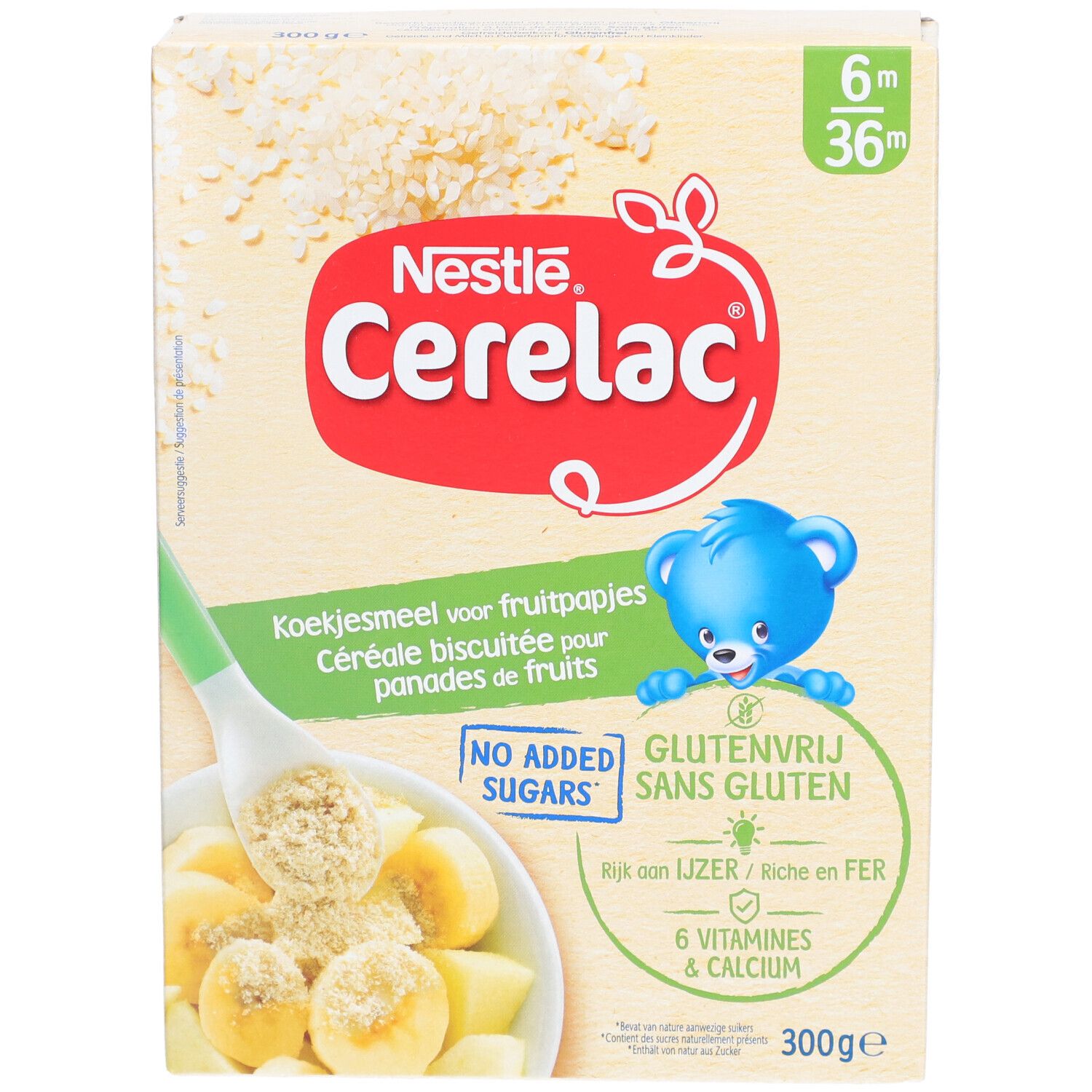 Boîte Nestlé Cerelac. Inscriptions : 6m/36m, sans gluten, sans sucres ajoutés, 6 vitamines et calcium.