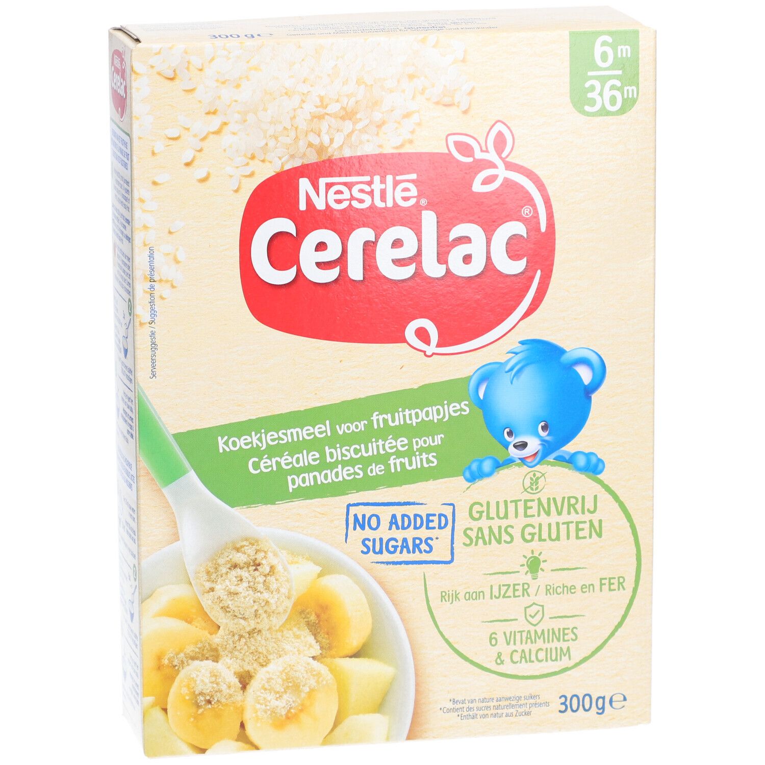 Boîte Nestlé Cerelac. Inscriptions : 6m/36m, sans gluten, sans sucres ajoutés, 6 vitamines et calcium.