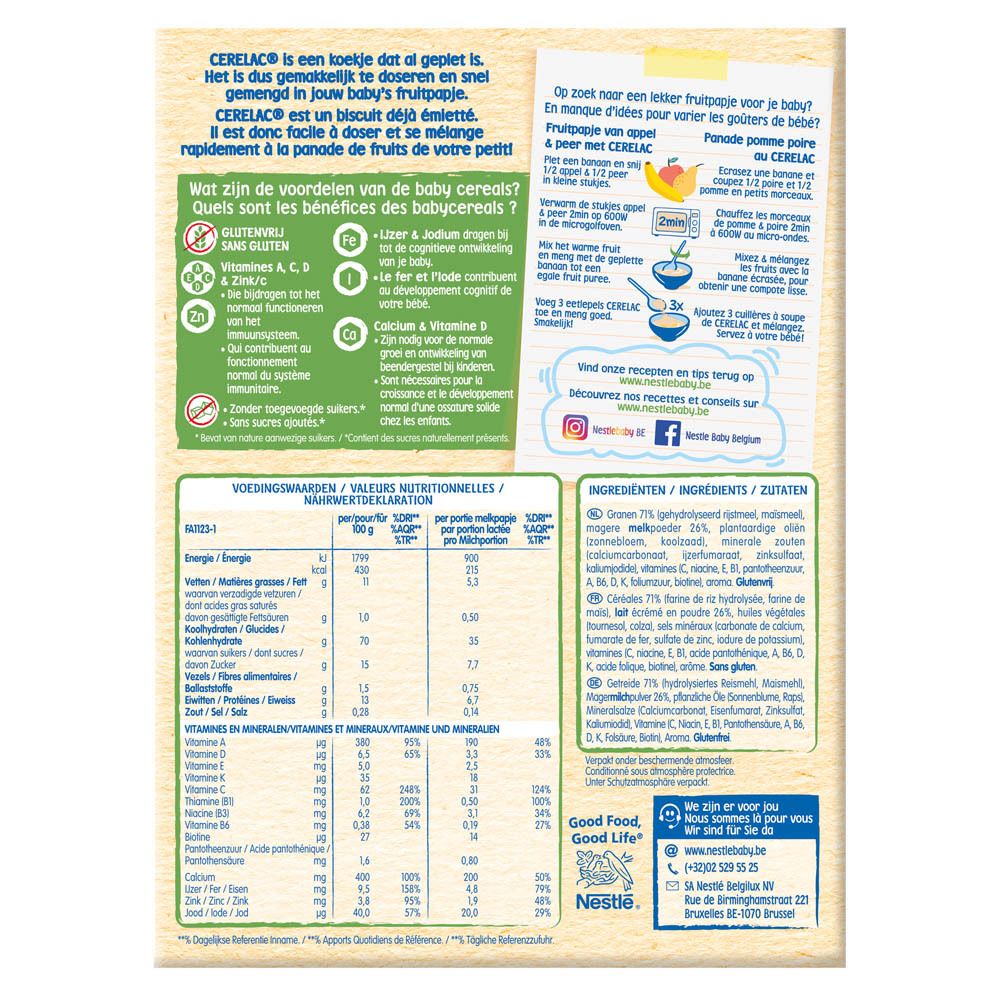 Dos de la boîte Nestlé Cerelac. Informations sur la préparation, la valeur nutritionnelle et les ingrédients.