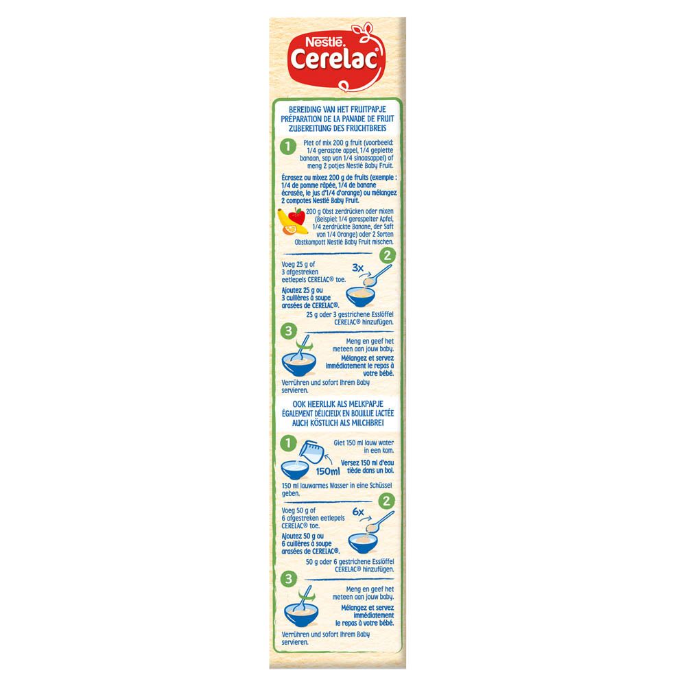 Côté de la boîte Nestlé Cerelac avec instructions de préparation et illustrations.