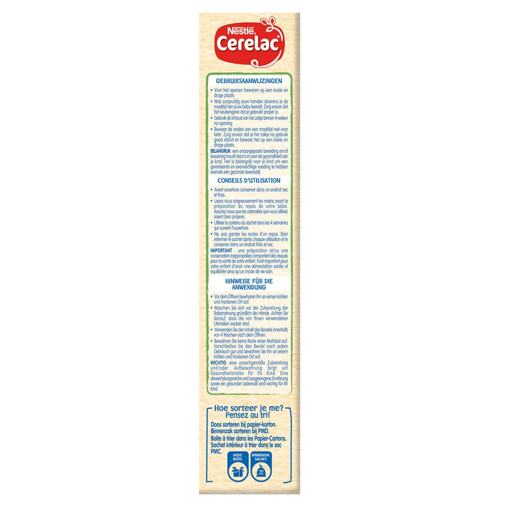 Côté de la boîte Nestlé Cerelac avec instructions d'utilisation et conseils de recyclage.