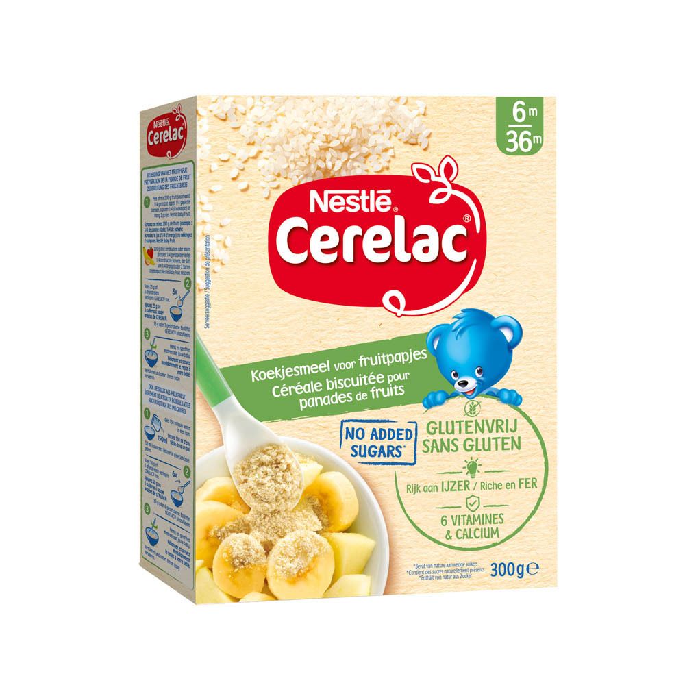 Boîte Nestlé Cerelac. Inscriptions : 6m/36m, sans gluten, sans sucres ajoutés, 6 vitamines et calcium.