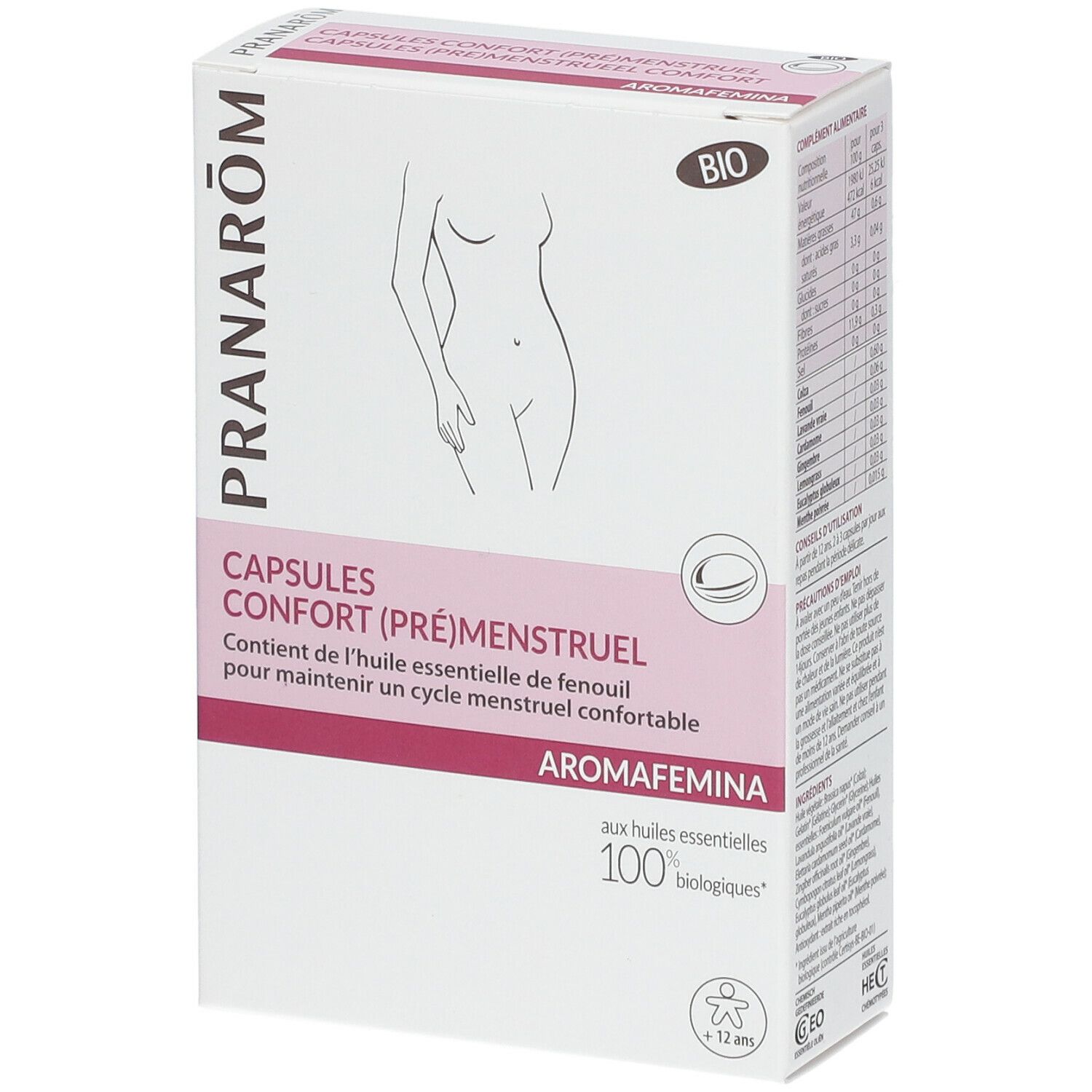 Boîte de capsules. Texte: CAPSULES CONFORT (PRÉMENSTRUEL), Aromafemina, BIO. Illustration d'une femme. 100% biologiques.