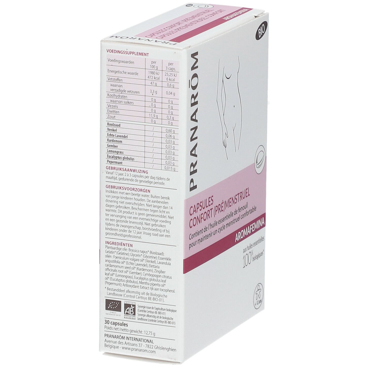 Boîte de capsules. Texte: CAPSULES CONFORT (PRÉMENSTRUEL), Aromafemina, BIO. Informations nutritionnelles et ingrédients.