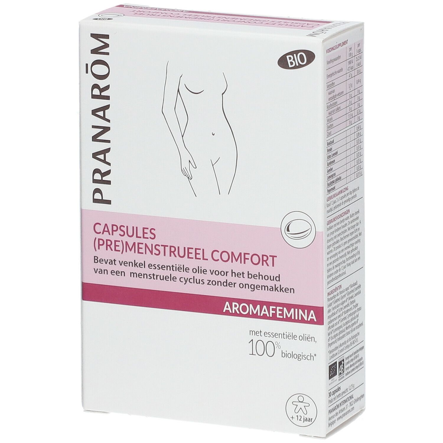 Boîte de capsules. Texte: CAPSULES (PRÉ)MENSTRUEEL COMFORT, Aromafemina, BIO. Illustration d'une femme. 100% biologiques.