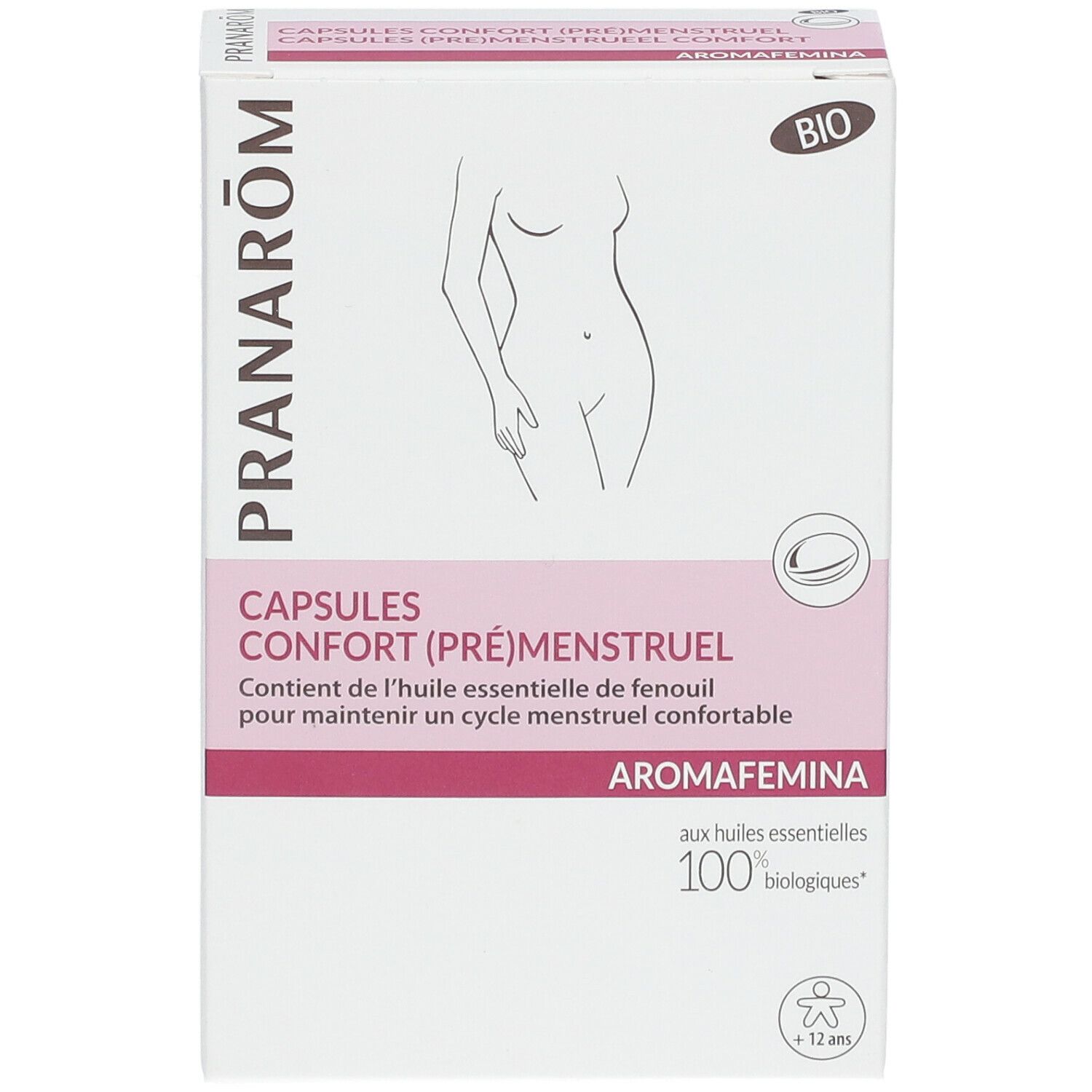 Boîte de capsules. Texte: CAPSULES CONFORT (PRÉMENSTRUEL), Aromafemina, BIO. Illustration d'une femme. 100% biologiques.