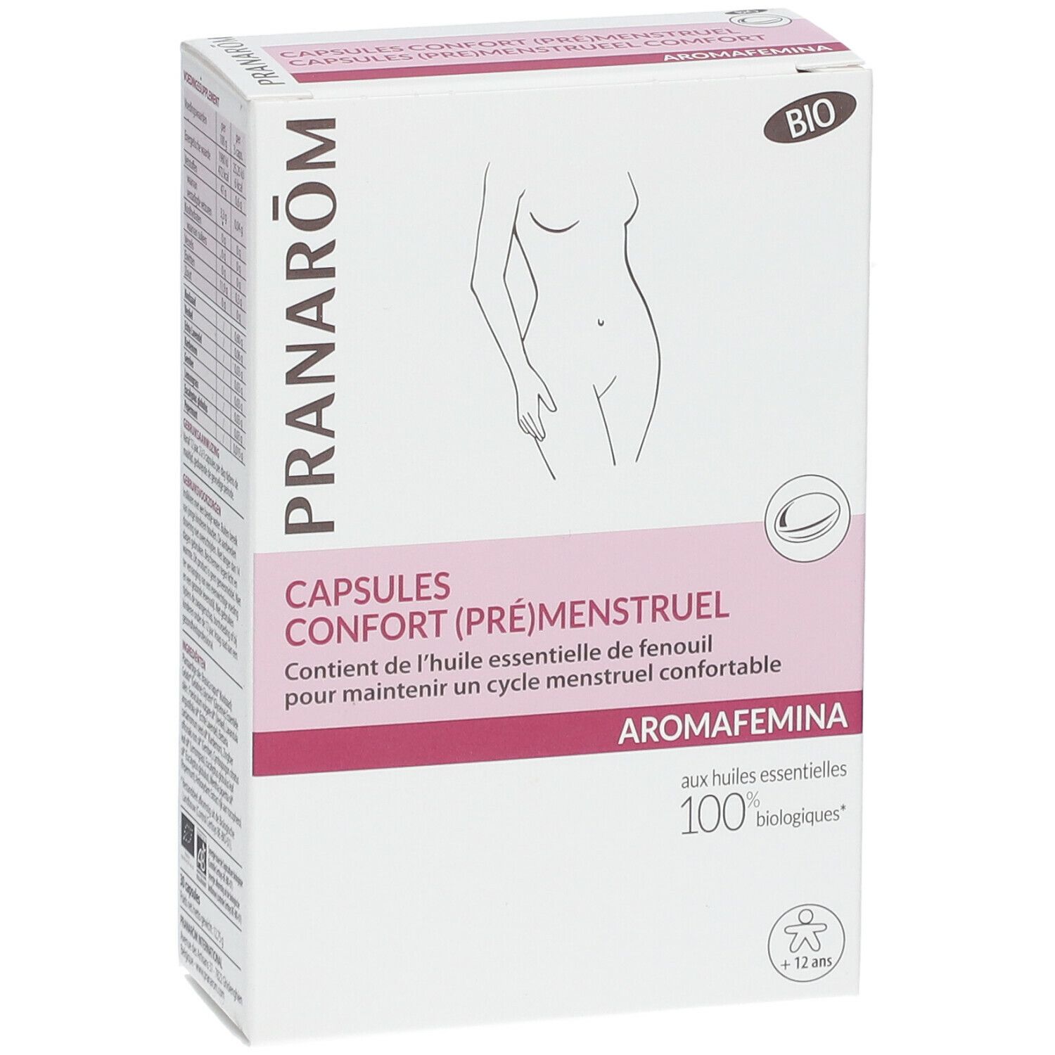 Boîte de capsules. Texte: CAPSULES CONFORT (PRÉMENSTRUEL), Aromafemina, BIO. Illustration d'une femme. 100% biologiques.