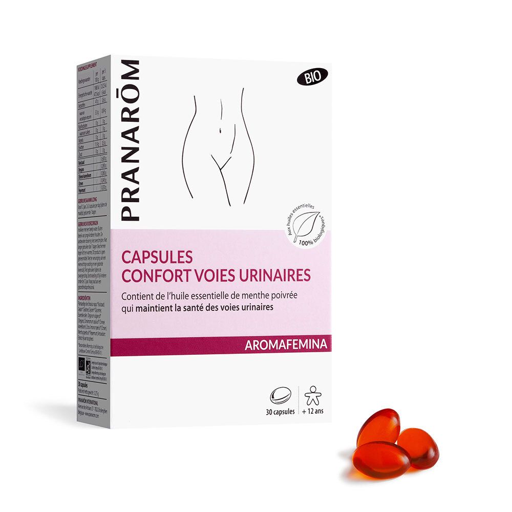Boîte de capsules. Inscription: CAPSULES CONFORT VOIES URINAIRES. Marque: Pranarôm. Certification BIO. 30 capsules.