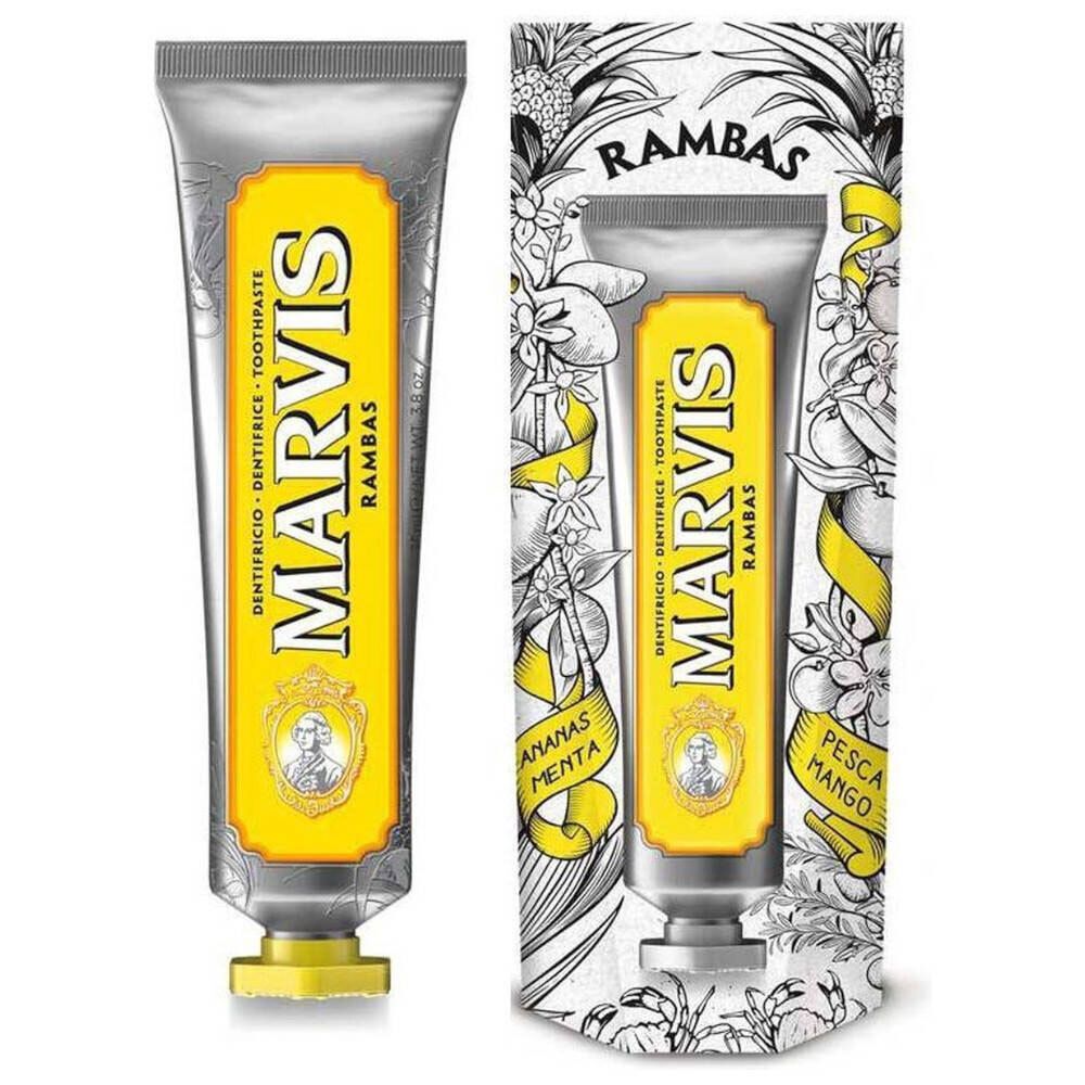 MARVIS Rambas tandpastatube met verpakking. Gele tube met geel etiket en tekst. Verpakking met illustraties.