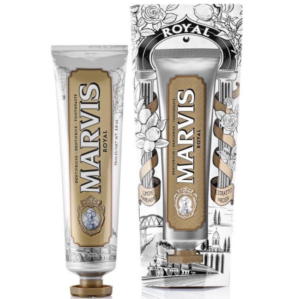 Tandpastatube en verpakking. Zilveren tube met gouden etiket. Opschrift: MARVIS ROYAL. Verpakking met illustraties.