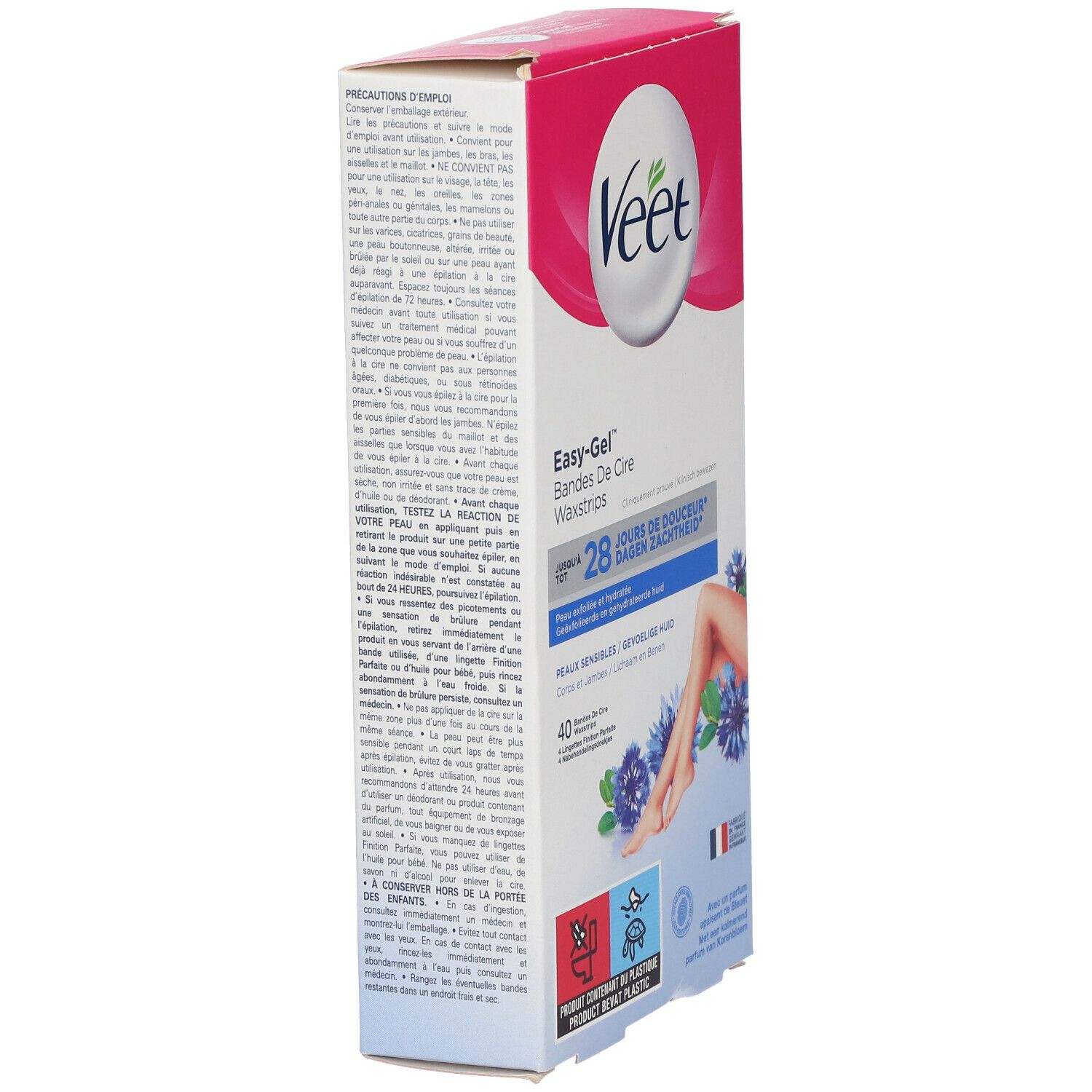 Boîte Veet, vue latérale. Boîte rose et blanche avec texte et logo. Textes français et anglais. Nom du produit: Easy-Gel Bandes de Cire.