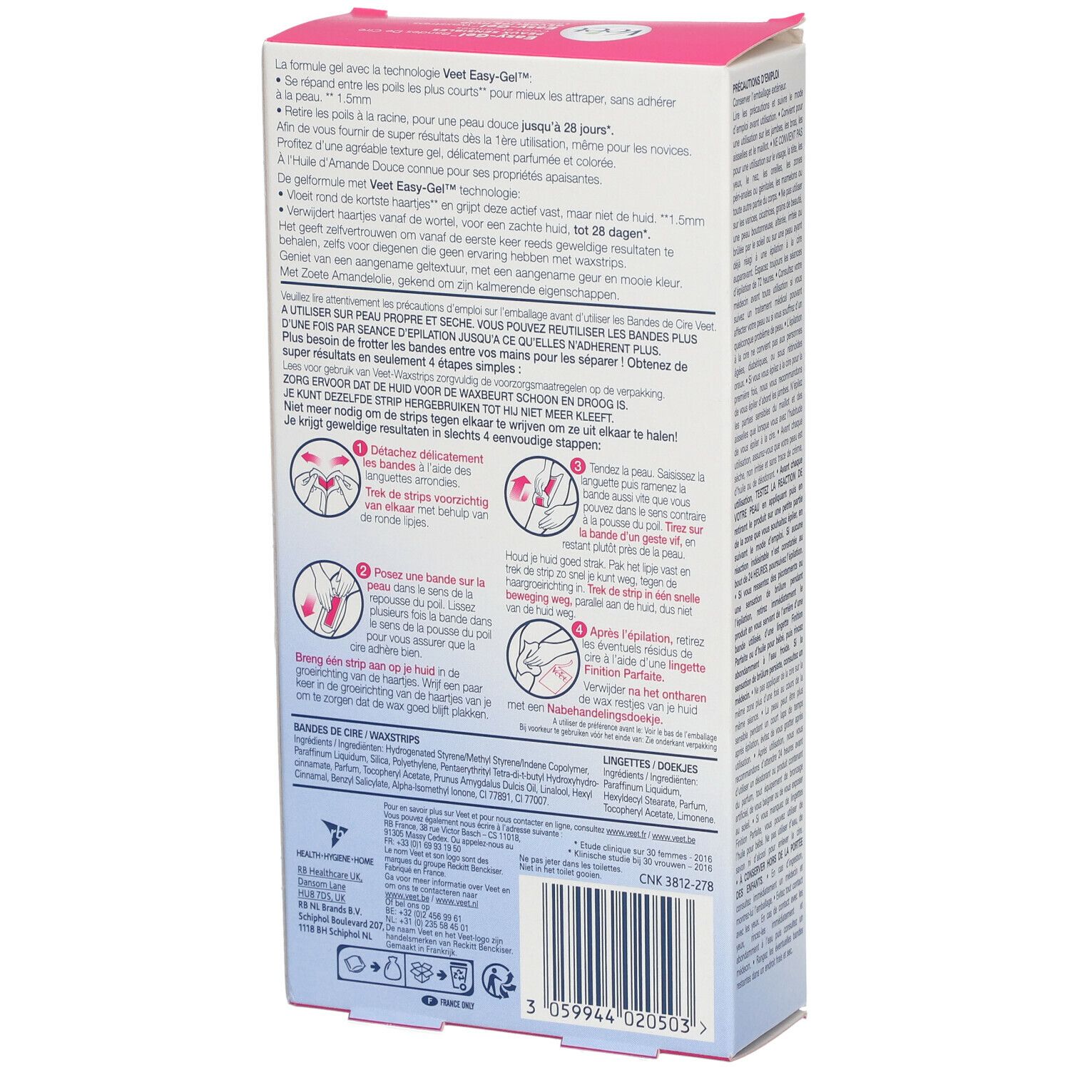 Boîte Veet, vue arrière. Boîte rose et blanche avec texte et illustrations. Nom du produit: Easy-Gel Bandes de Cire. Instructions et ingrédients.