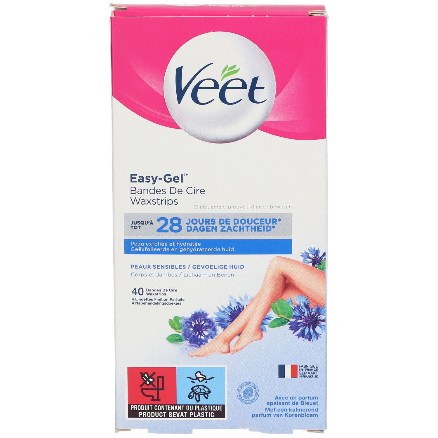 Boîte Veet, vue de face. Boîte rose et blanche avec image du produit et texte. Nom du produit: Easy-Gel Bandes de Cire. 40 bandes de cire.