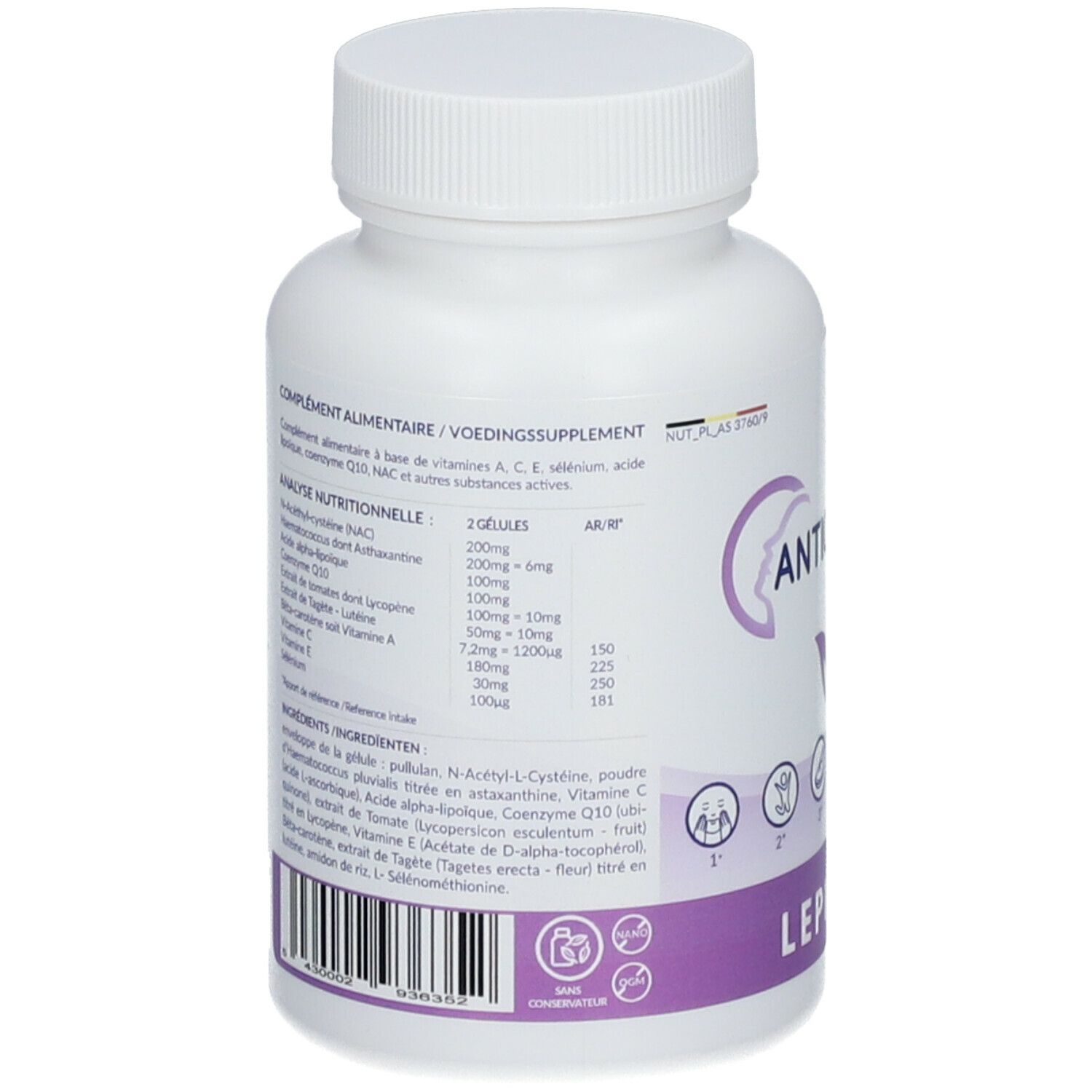 Dos du flacon blanc. Contient informations nutritionnelles et ingrédients. Marque Lepivits. Avec code-barres.