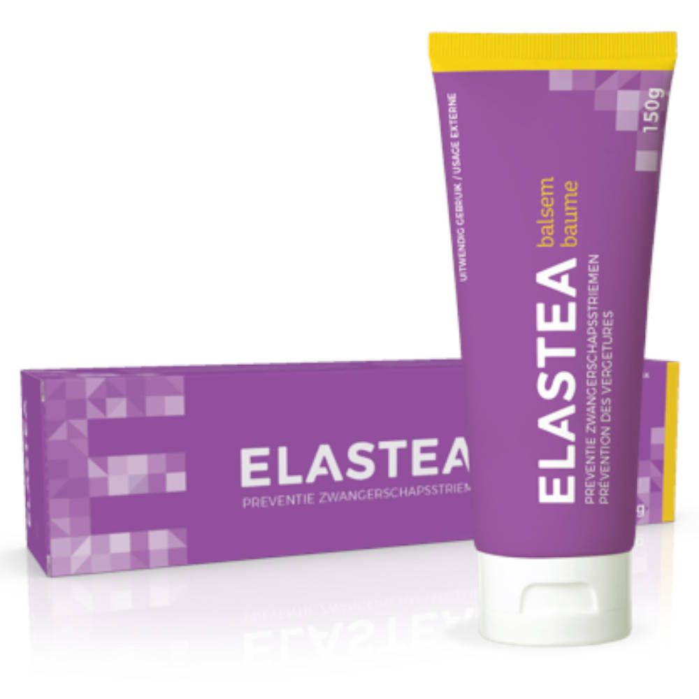 Elastea tube en verpakking. Paarse tube met gele dop, witte sluiting. Verpakking met logo en tekst.