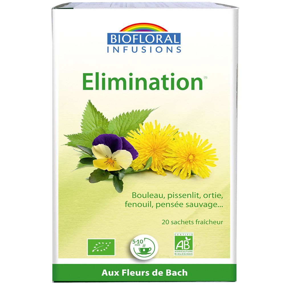Boîte "Elimination" avec fleurs et texte. Contient 20 sachets. Labels bio et Fleurs de Bach.