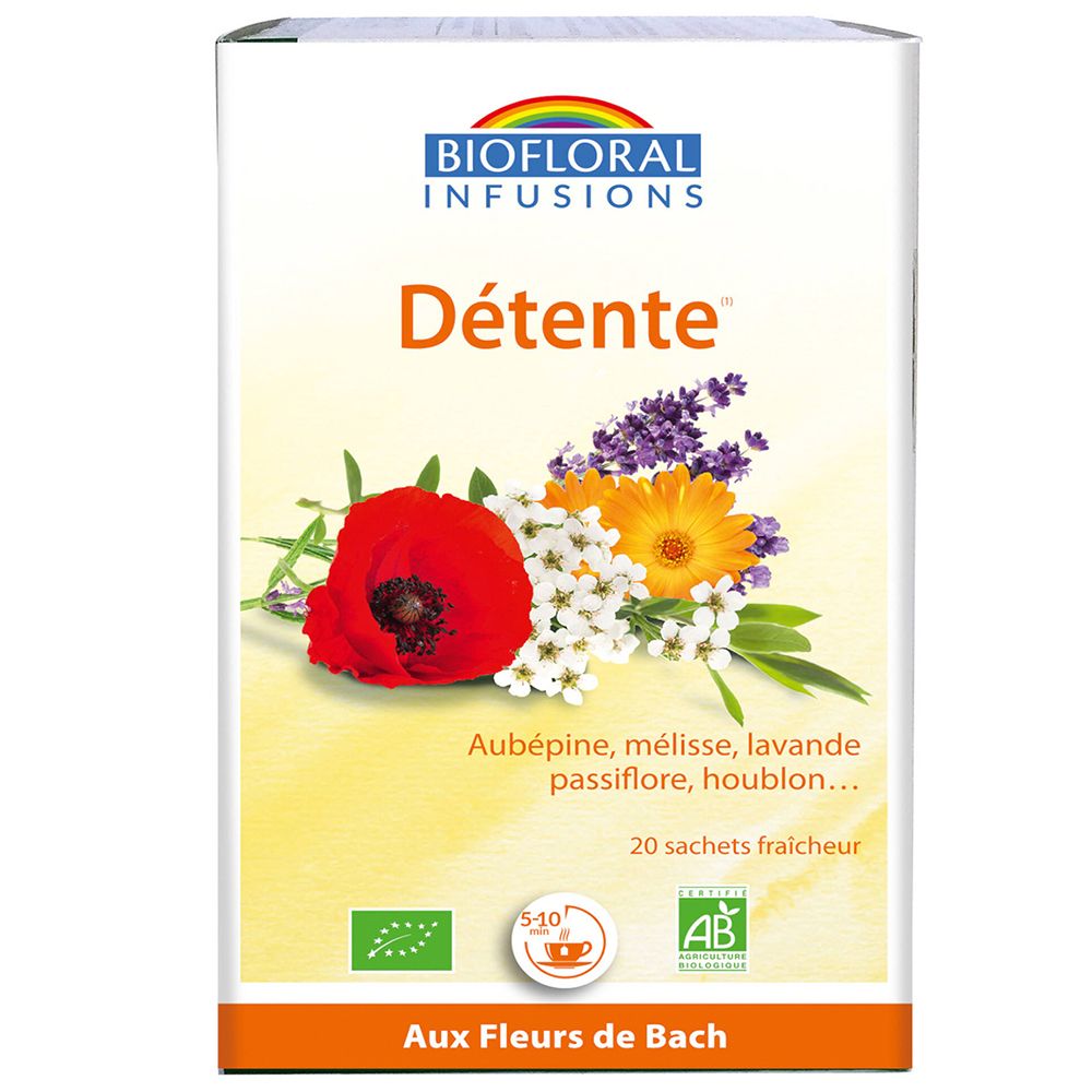 Doos Biofloral Infusions. Opschrift: Détente, bloemen, 20 zakjes, AB-label, bio-label. Ingrediënten: meidoorn...
