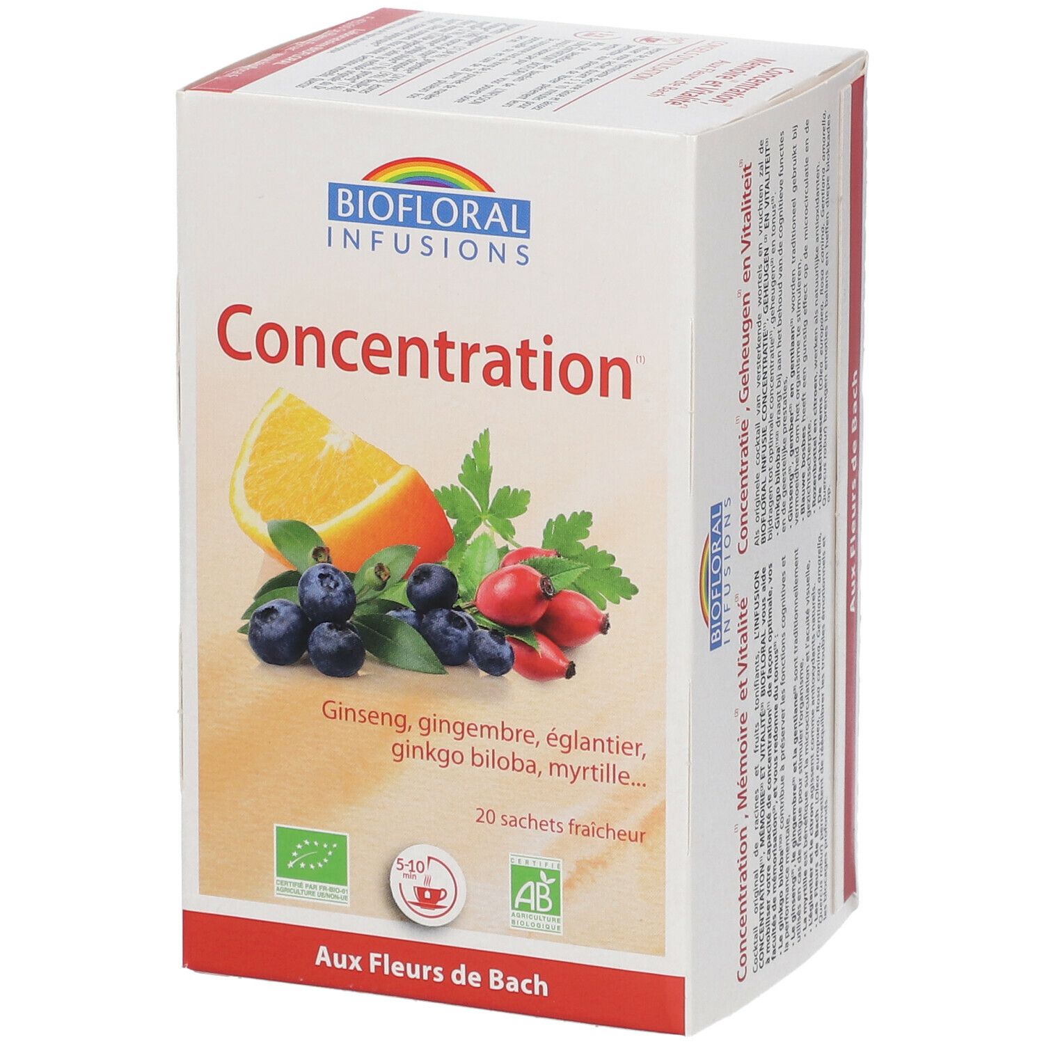 Verpakking Biofloral Infusion Concentration. Illustratie van fruit en kruiden. Tekst: Concentration, Aux Fleurs de Bach, 20 zakjes.