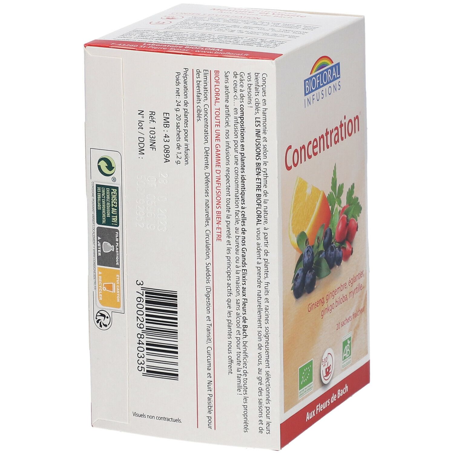 Verpakking Biofloral Infusion Concentration, achterkant. Tekst: Concentration, Mémoire et Vitalité, 20 zakjes, Aux Fleurs de Bach.