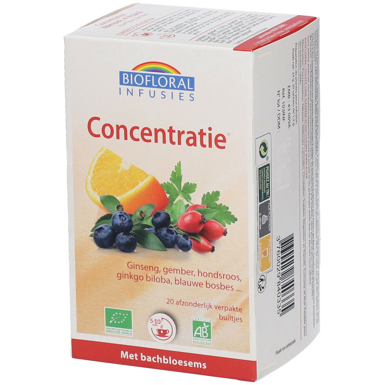 Verpakking Biofloral Infusion Concentration. Illustratie van fruit en kruiden. Tekst: Concentratie, Met bachbloesems, 20 zakjes.