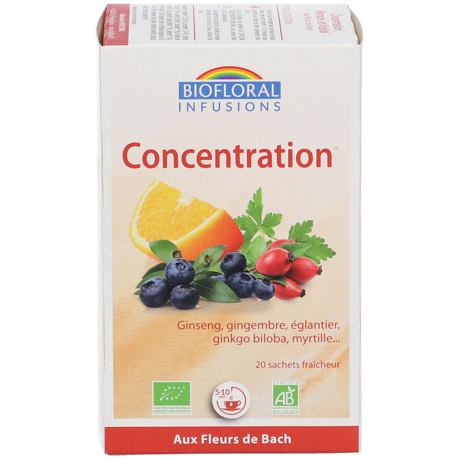 Verpakking Biofloral Infusion Concentration. Illustratie van fruit en kruiden. Tekst: Concentration, Aux Fleurs de Bach, 20 zakjes.