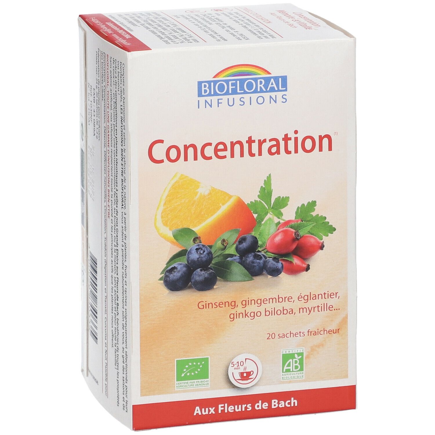 Verpakking Biofloral Infusion Concentration. Illustratie van fruit en kruiden. Tekst: Concentration, Aux Fleurs de Bach, 20 zakjes.