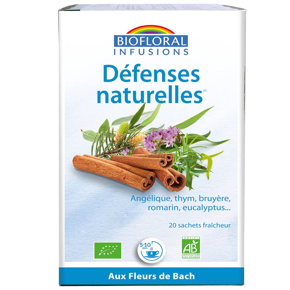 Verpakking "Défenses naturelles". Kaneel, kruiden en bloemen afgebeeld. Bio- en "AB" labels. 20 zakjes.